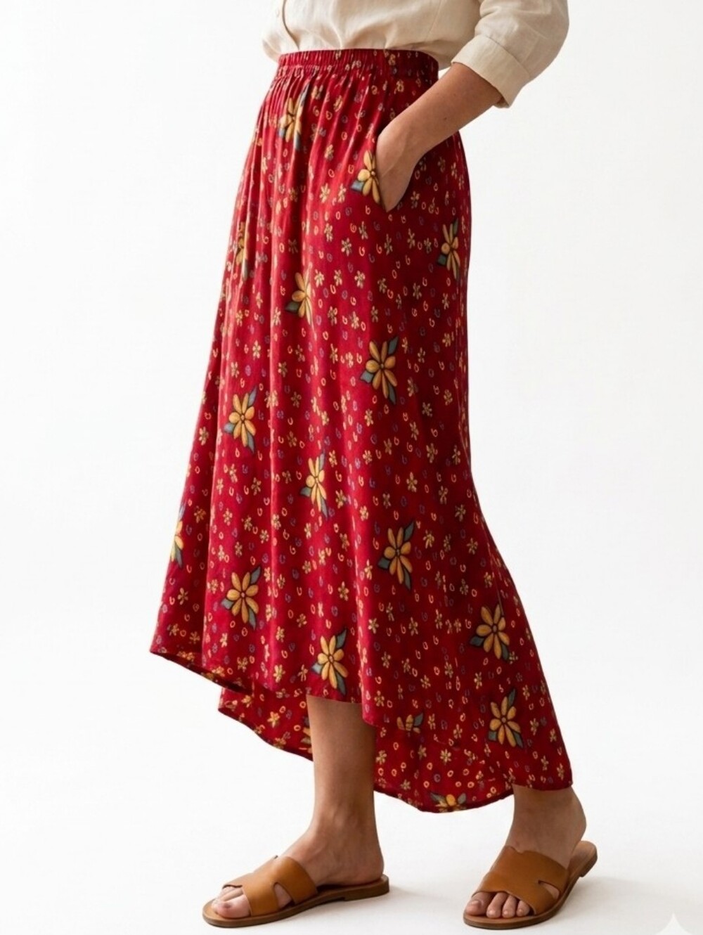90s Karma Bliss Within Floral Rayon Maxi Skirt Red M